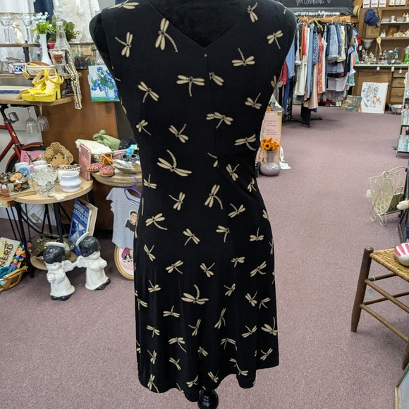 1990s Vintage SMALL Black Dress with Gold Dragonfly Pattern - Picture 4 of 4